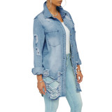 Hole Distressed Plus Size Denim Button Jacket