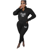 Casual Fleece Printed Letters Zipper Pullover High Neck Pant Set 2 Pieces