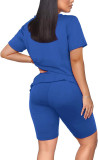 Fashion Solid Color V Neck Short Sleeve Shorts Set