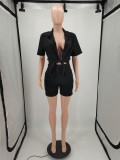 Solid Color Single-breasted Turndown Neck Summer Two Piece Short Set