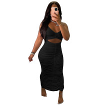 Solid Color Halter Pleated Long Dress