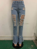 Classic Holes Fringed Ruffled Denim Trousers