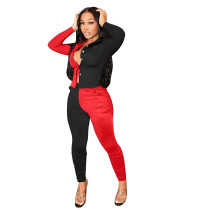 Red and Black Stitching Color Turn-down Neck Long Pant Set