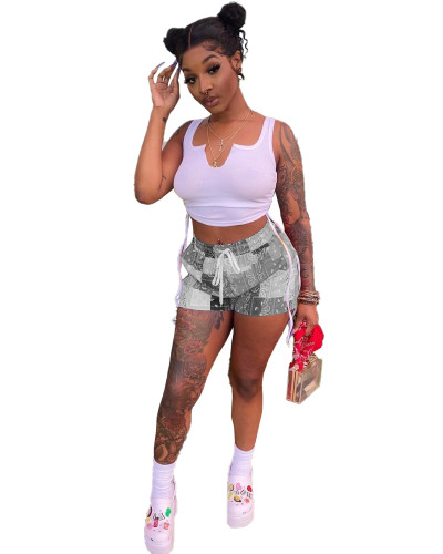 Casual Printed Drawstring Vest Crop Top and Patchwork Short
