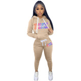 Autumn/Winter Velvet Drawstring Pullover Hooded Sweatshirt Two Piece Pant Set