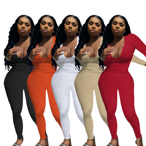 Women's Two Piece Tracksuit Outfits Long Sleeve Deep V-Neck Lounge Wear Bodycon