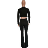 Solid Color Black Thicken V Neck Button Crop Top Split Casual Set