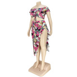 Plus Size Sexy Print Bandage Split Joint Slit Off the Shoulder Two Pieces Skirts Set