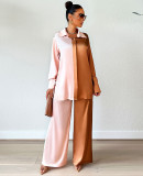 Contrast Color Turndown Neck Shirt And Pants 2 Piece Sets