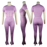 Solid Color Mesh Splicing Flared Pants Set