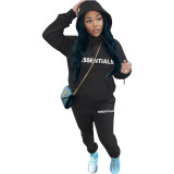 Casual Letter Pyrography Velvet Drawstring Kangaroo Pocket Hoodie & Pants Set