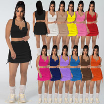 High Elastic Cotton Pit V Neck Low-cut Drawstring Skirt Set