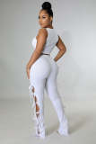 Summer Solid Color White Hollow Pit Women's Clothing Sleeveless Crop Top Two Piece Outfits Set
