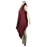 Casual Red Plaid Print Sleeveless Irregular Long Vest Coat