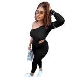 Spring Black Women's Clothing Sexy Single Shoulder Crop Top and Trousers Bodycon Outfits Sport