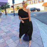 Solid Color Gathered Sloping Top Harem Pants Set with 2 Pockets