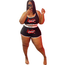 Black Plus Size Fashion Sexy Printed Letter Sports Two Piece Vest and Shorts