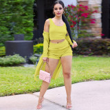 Casual Solid Yellow Ribbed Crop Vest Top Short And Cardigan 3 Pieces Set