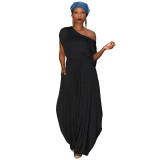 Black Casual Solid Split Joint Fold Asymmetrical Cross-Shoulder Short Sleeve Two Pieces