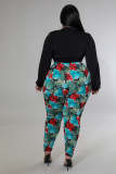 Plus Size Long Sleeve Bandage Shirt + Printed Pants 2 Piece Sets
