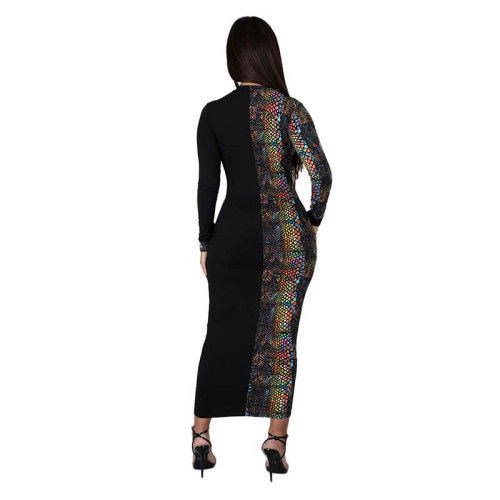 Colorful Snakeskin Stitching Patch Pocket Gradient Dress