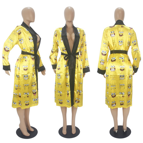 Fashion Women's Robes Print Loose Pajamas Bathrobe Bandage Robes Housewear Women's Wear Sleepwear Robes