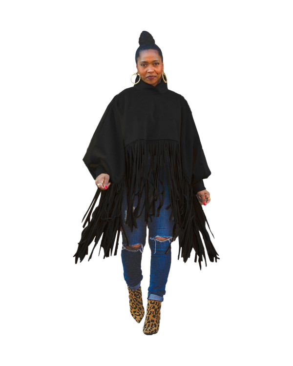 Black British Style Oversized Fringed Top