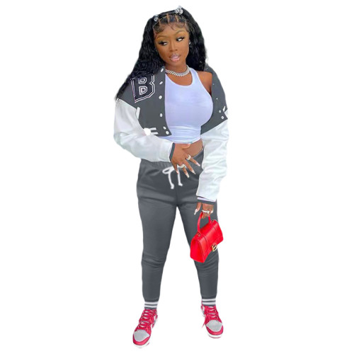 Grey Single-breasted Letters Printed Colorblock Jacket Sports Baseball Uniform Suit with Pockets