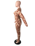 Leopard Drawstring Style Overalls Young Sexy Fashion Full Sleeve Pencil 2 Piece Long Pants