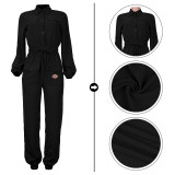 Classic Solid Offset Printed Long Sleeve Cargo Jumpsuit