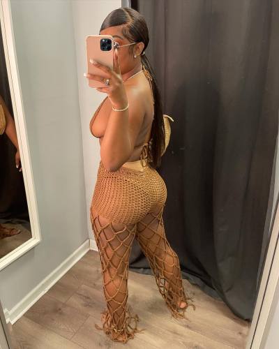 Sexy Khaki Beach Fishnet Perspective Hollow Halter Crop Top Two Piece