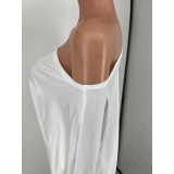Casual White Printed Letter Skew Neck Asymmetric Hem Two Piece Lounge Wear Sets