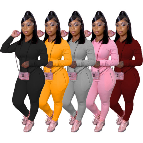 Solid Color Hooded Blouse and Trousers with Pocket