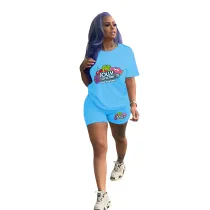 Solid Color Pattern Printed Short Sleeve Two Piece Set