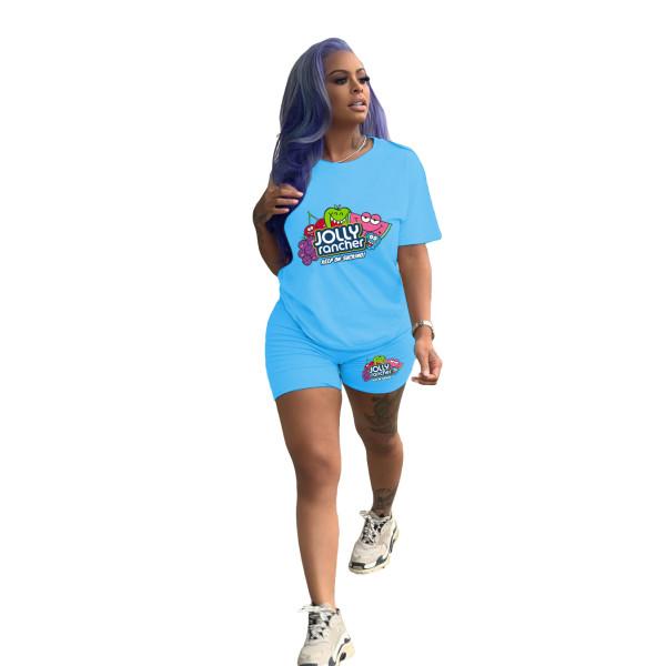 Solid Color Pattern Printed Short Sleeve Two Piece Set
