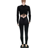 New Fashion Women Solid Long Sleeves Pleated Drawstring Skinny Casual Jumpsuit
