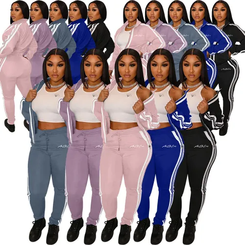 Casual Stripe Zip Up Printed Sweatshirt & Drawstring Pants Set Without Tank Top