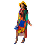 Woven Shirt Dress Printed Bat Sleeve Stitching Irregular Nightclub Mid Dress
