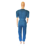 Denim Zipper Collar Lace-Up Jumpsuit