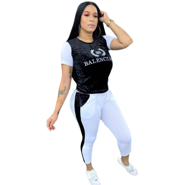Gold Diamond Velvet Embroidered Logo O Neck Top and Pants