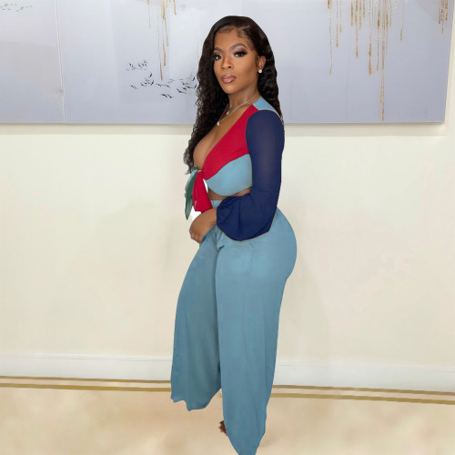Two Piece Color-blocking Lace-up Crop Top and Wide-leg pants with Pockets