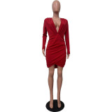 Solid Color Long Sleeve V Neck Open Cross Bodycon Club Dress
