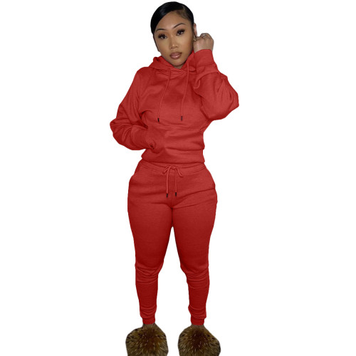 Solid Red Fleece Hooded Sweatshirt Pant Set