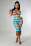 Women Summer Casual Striped V Neck Bodycon See Through Sexy Knit Rib Tassel Beach Dress