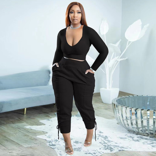 Black Casual Solid Bandage Patchwork V Neck Plus Size Two Pieces Pant Set
