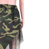 Street Style Camouflage Irregular Mesh Plaid Bandage Skirt Women