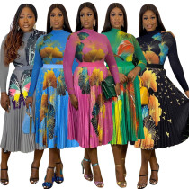 Fashion Printed Long Sleeve Top & High Waist Pleated Skirt 2 Piece Sets