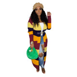 Casual Color Contrast Hand Knitted Long Cardigan Sweater