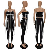 Solid Color Contrasting Ribbon Tassel Zipper Straps Tops & Long Pants