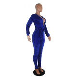 Solid Color V Neck Velvet Jumpsuit (with belt)